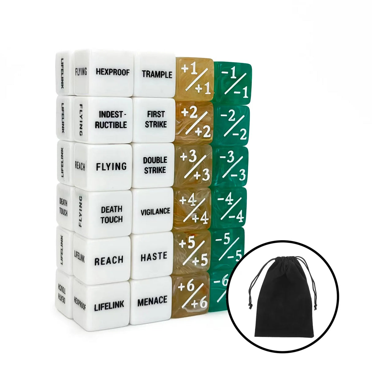 48-Piece MTG Ability Counters & Stat Modifier Dice Set with Pouch – Keyword, Buff & Creature Status Tokens