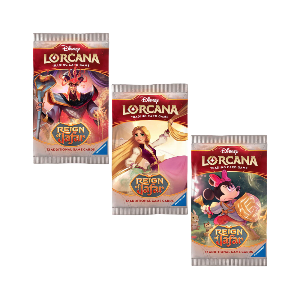 Lorcana Set 8 booster packs – featuring Jafar, Rapunzel, and Minnie Mouse.