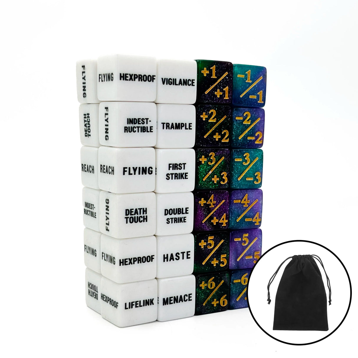 48-Piece MTG Ability Counters & Stat Modifier Dice Set with Pouch – Keyword, Buff & Creature Status Tokens