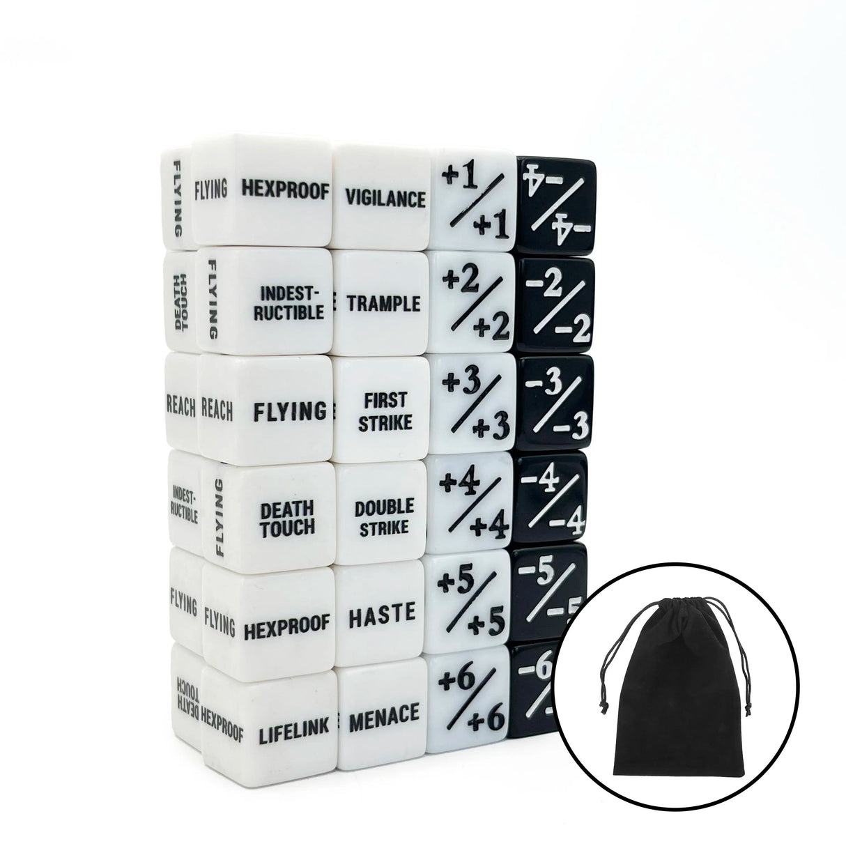 48-Piece MTG Ability Counters & Stat Modifier Dice Set with Pouch – Keyword, Buff & Creature Status Tokens