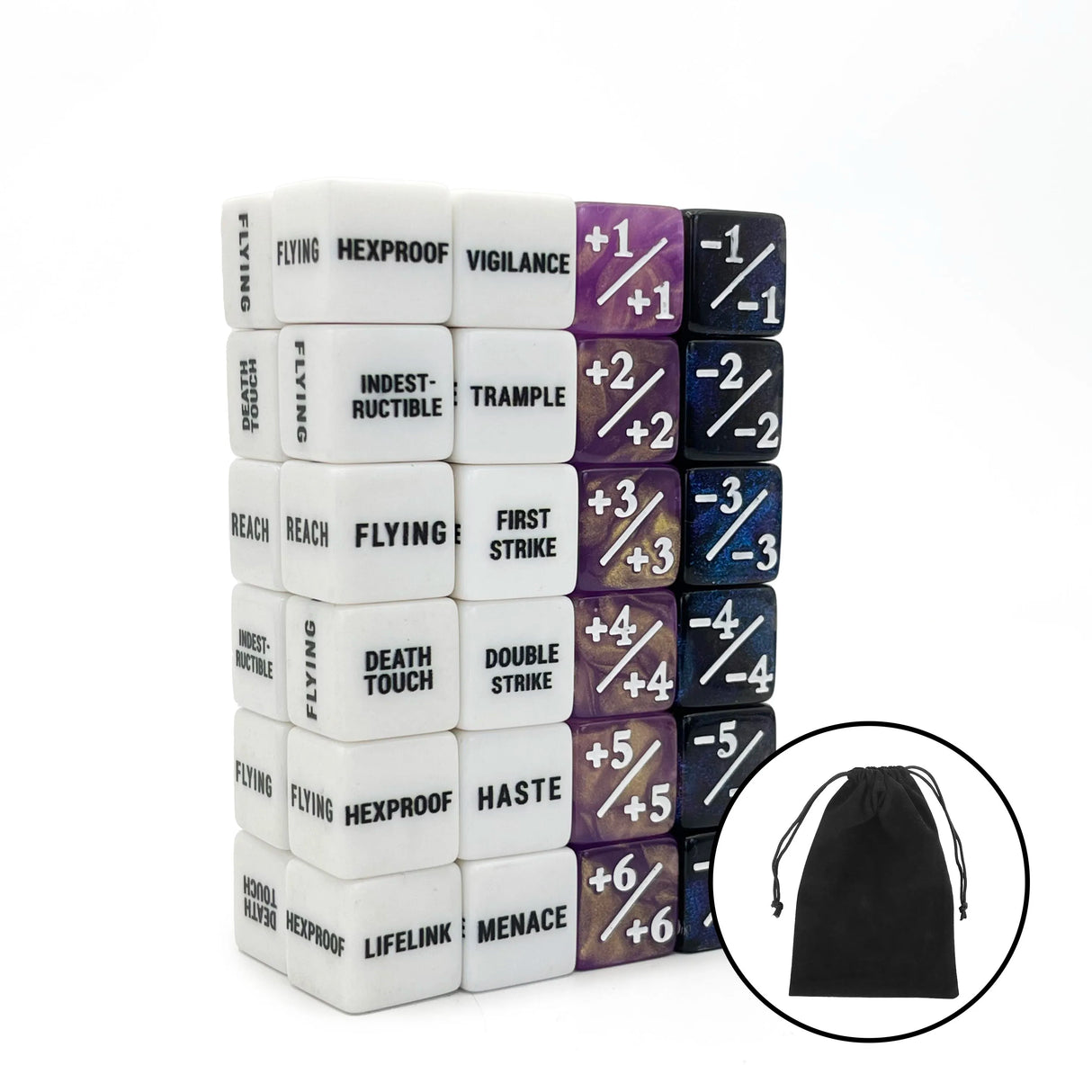 48-Piece MTG Ability Counters & Stat Modifier Dice Set with Pouch – Keyword, Buff & Creature Status Tokens