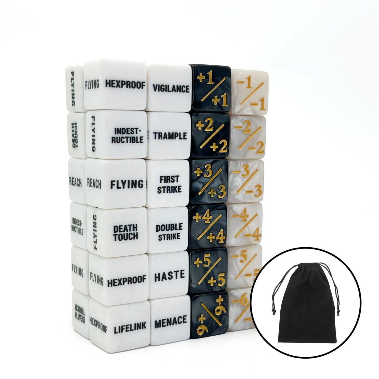 48-Piece MTG Ability Counters & Stat Modifier Dice Set with Pouch – Keyword, Buff & Creature Status Tokens