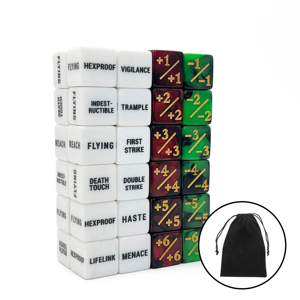 48-Piece MTG Ability Counters & Stat Modifier Dice Set with Pouch – Keyword, Buff & Creature Status Tokens