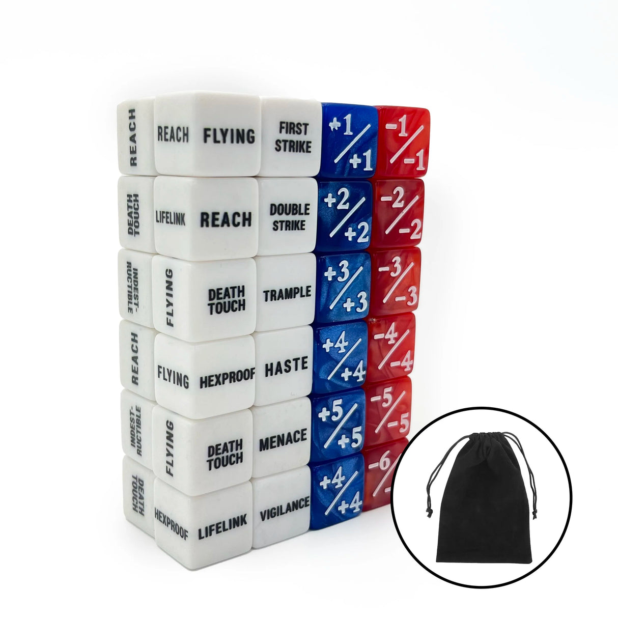 48-Piece MTG Ability Counters & Stat Modifier Dice Set with Pouch – Keyword, Buff & Creature Status Tokens