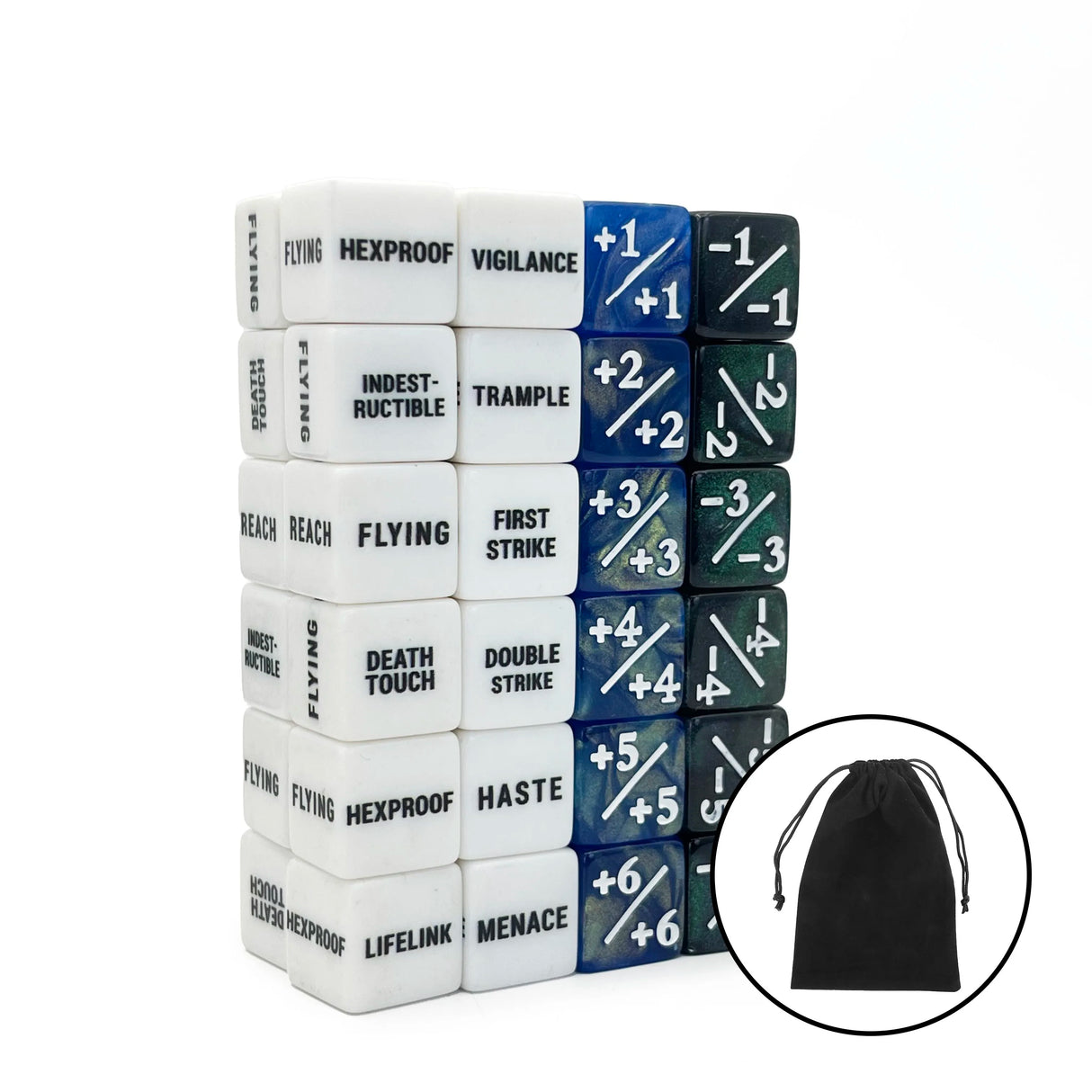 48-Piece MTG Ability Counters & Stat Modifier Dice Set with Pouch – Keyword, Buff & Creature Status Tokens