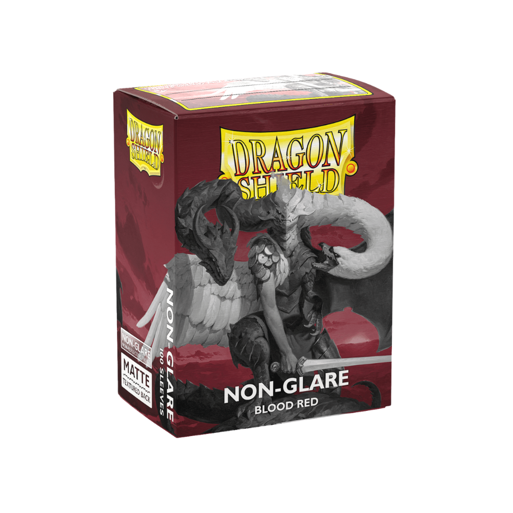 Dragon Shield Matte Non-Glare Blood Red Sleeves box front – 100 standard size sleeves