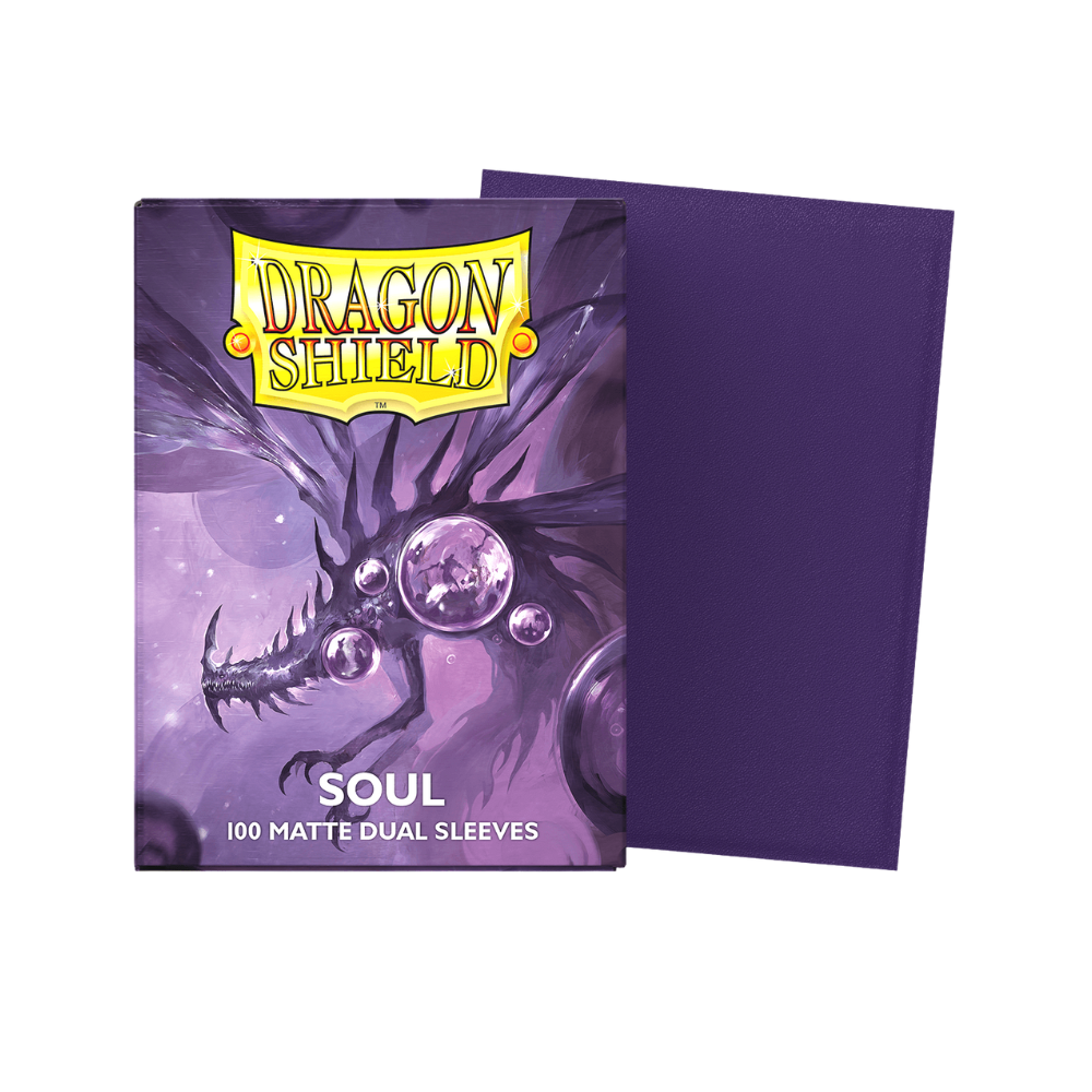 Dragon Shield Matte Dual Soul Sleeves box front – 100 metallic purple sleeves