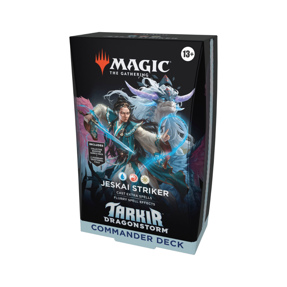 Magic: The Gathering Tarkir: Dragonstorm Commander Deck – Jeskai Striker box front featuring spellslinger and prowess artwork