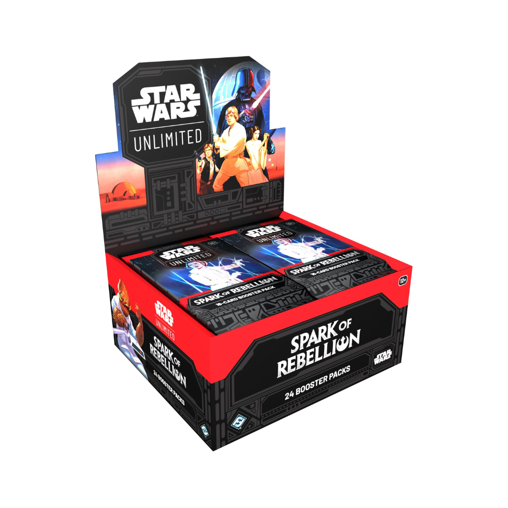 Star Wars Unlimited Spark of Rebellion sealed booster box with 24 packs – trading card game display featuring Luke Skywalker, Darth Vader, Leia Organa, and Han Solo artwork