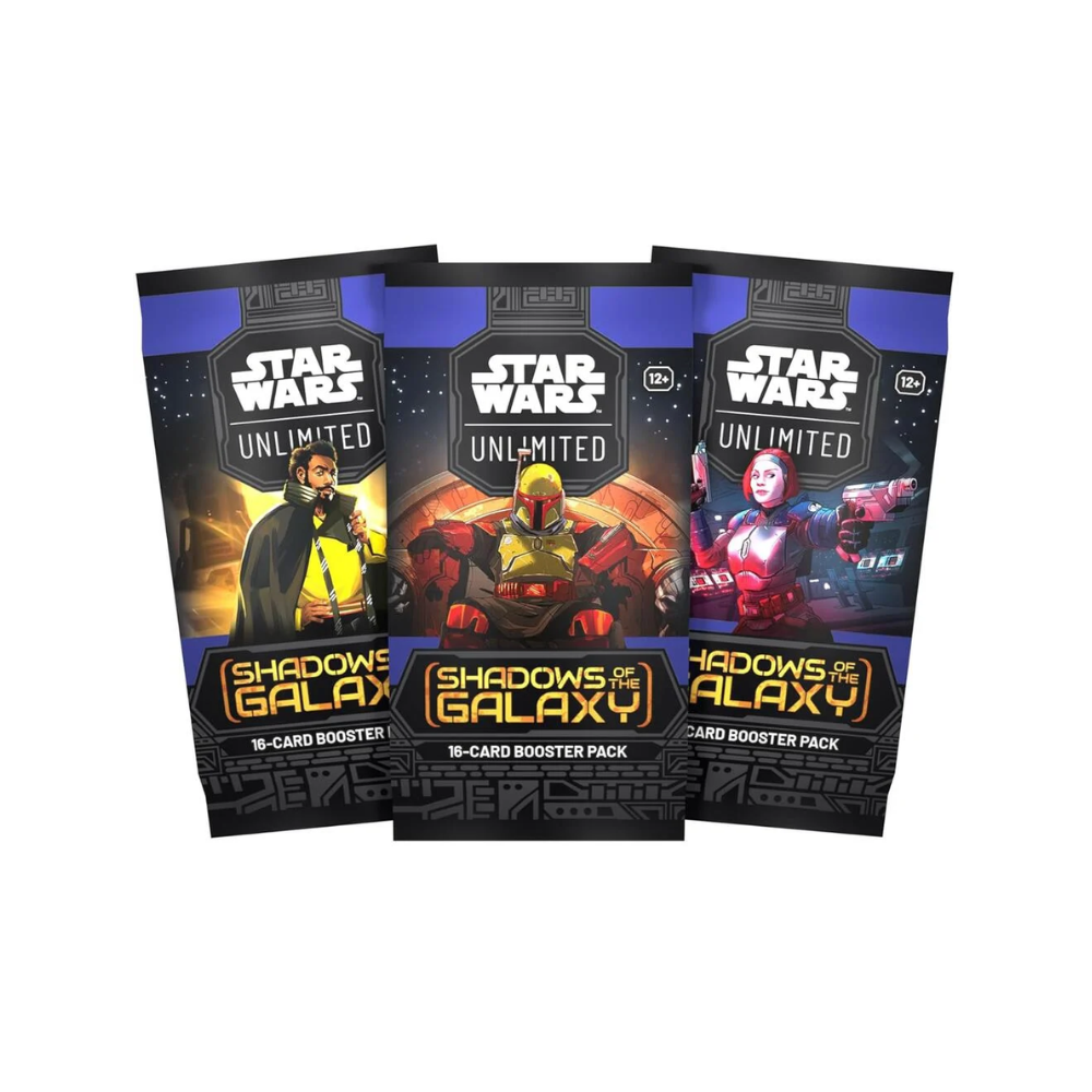 Star Wars Unlimited Shadows of the Galaxy sealed booster pack with 16 cards featuring Boba Fett, Lando Calrissian, and bounty hunter artwork