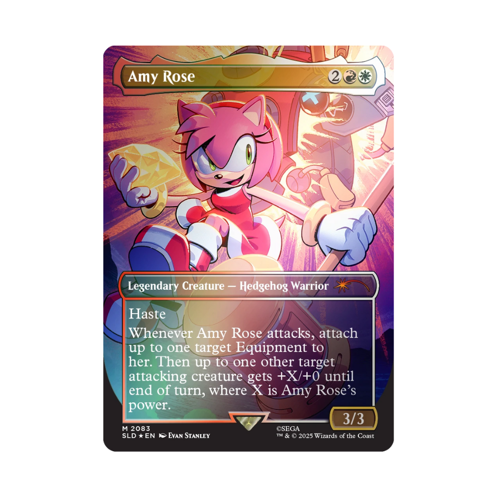 Magic: The Gathering Secret Lair foil card of Amy Rose – Legendary Creature with Haste and Equipment attachment ability