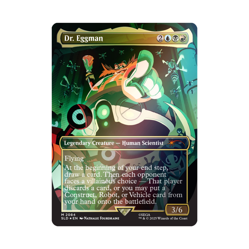 Magic: The Gathering Secret Lair foil card of Dr. Eggman – Legendary Creature with Flying and villainous choice mechanic