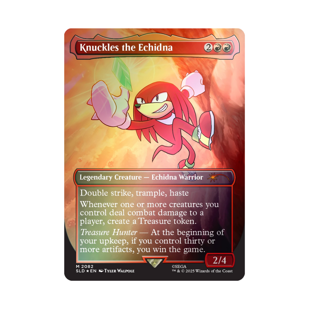 Magic: The Gathering Secret Lair foil card of Knuckles the Echidna – Legendary Creature with double strike, trample, and Treasure generation