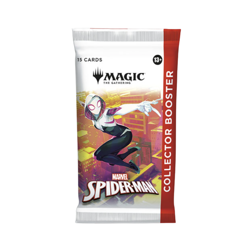 A single Magic: The Gathering Spider-Man Collector Booster Pack with Marvel-themed design