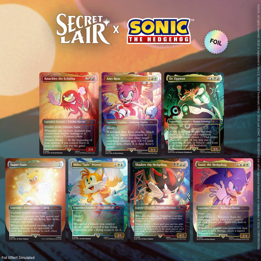 Magic: The Gathering Secret Lair x Sonic foil card set featuring Sonic, Tails, Knuckles, Amy Rose, Shadow, Dr. Eggman, and Super State