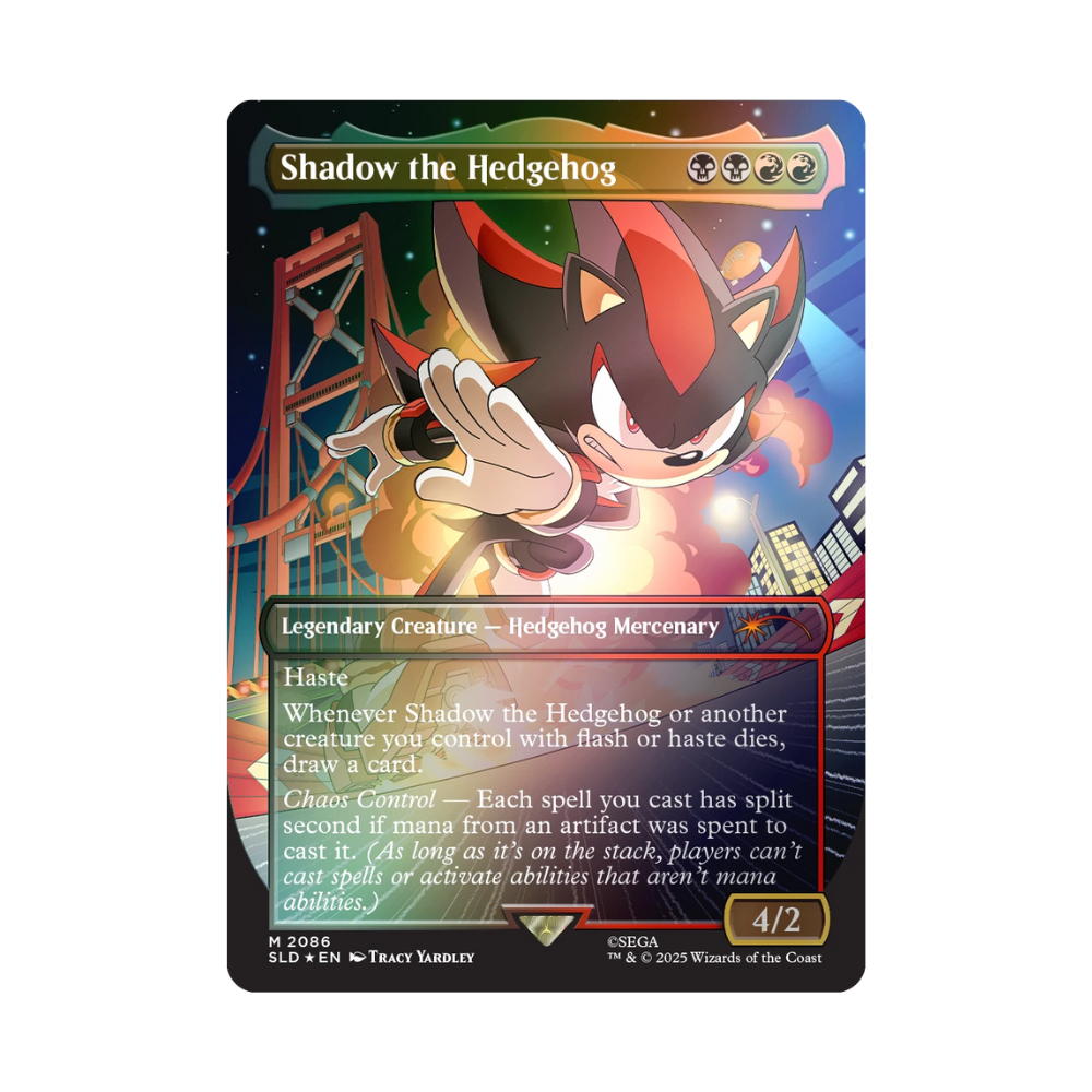 Magic: The Gathering Secret Lair foil card of Shadow the Hedgehog – Legendary Creature with Haste, Chaos Control, and card draw ability