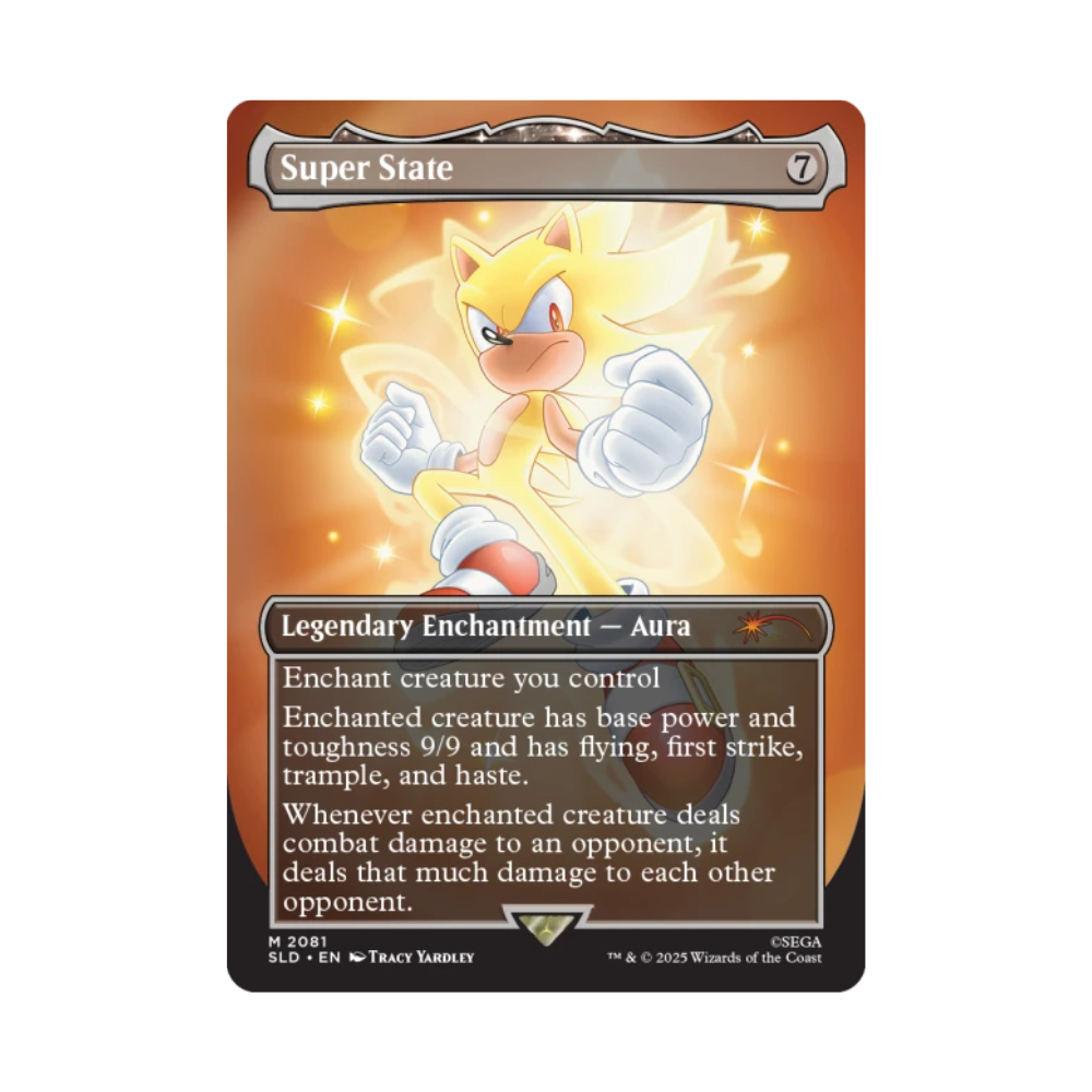 Magic: The Gathering Secret Lair foil card – Super State Aura Enchantment featuring Sonic the Hedgehog with base power altering and multiple combat abilities