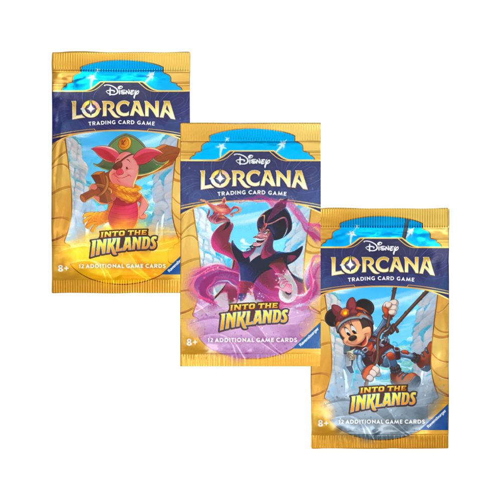 Lorcana Set 3 booster display with Piglet, Jafar, and Minnie Mouse.